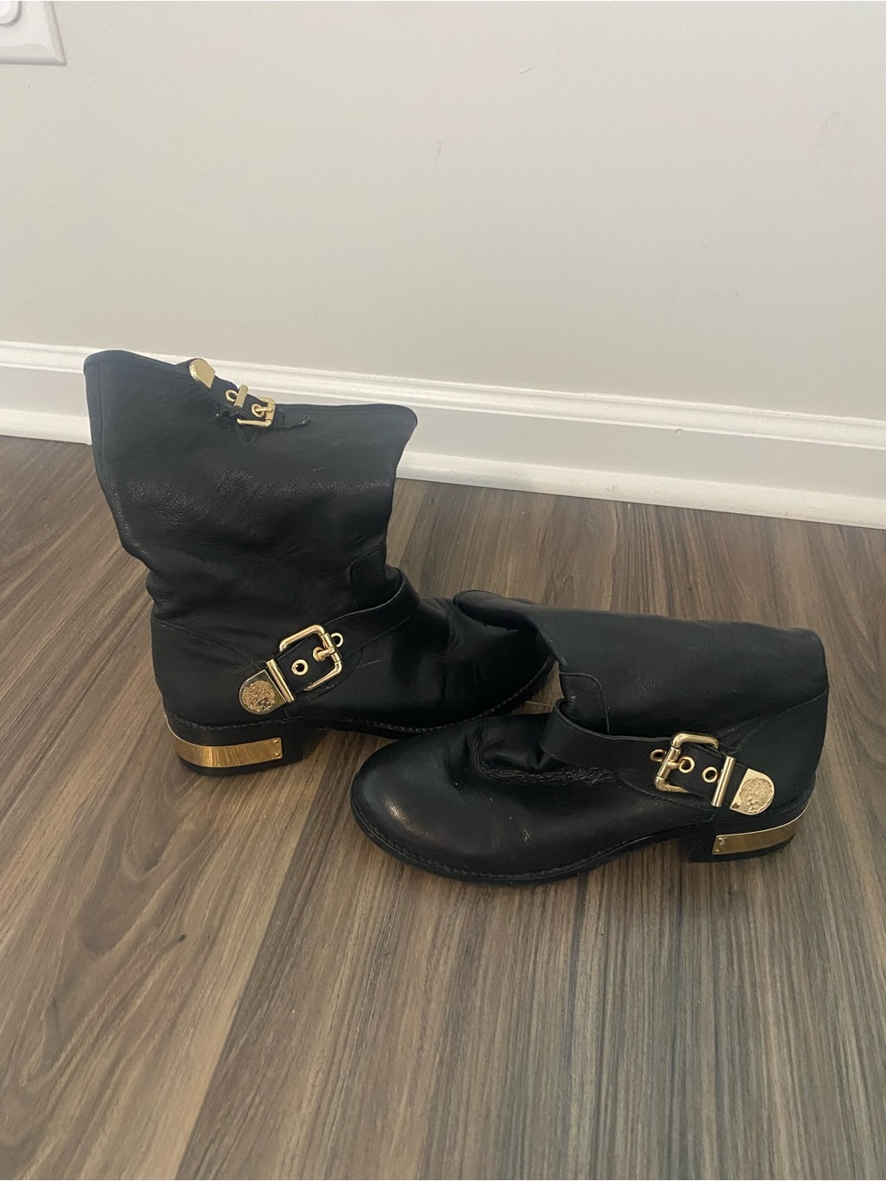 Vince Camuto Black Leather Mid-Calf Boots with Gold Hardware - Picture 2 of 5